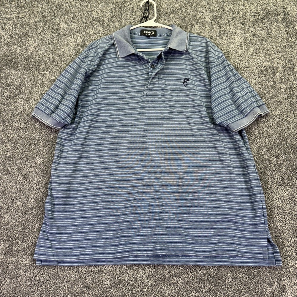 Ashworth Polo Shirt Mens Large Blue Striped Made USA Cotton Knit Casual